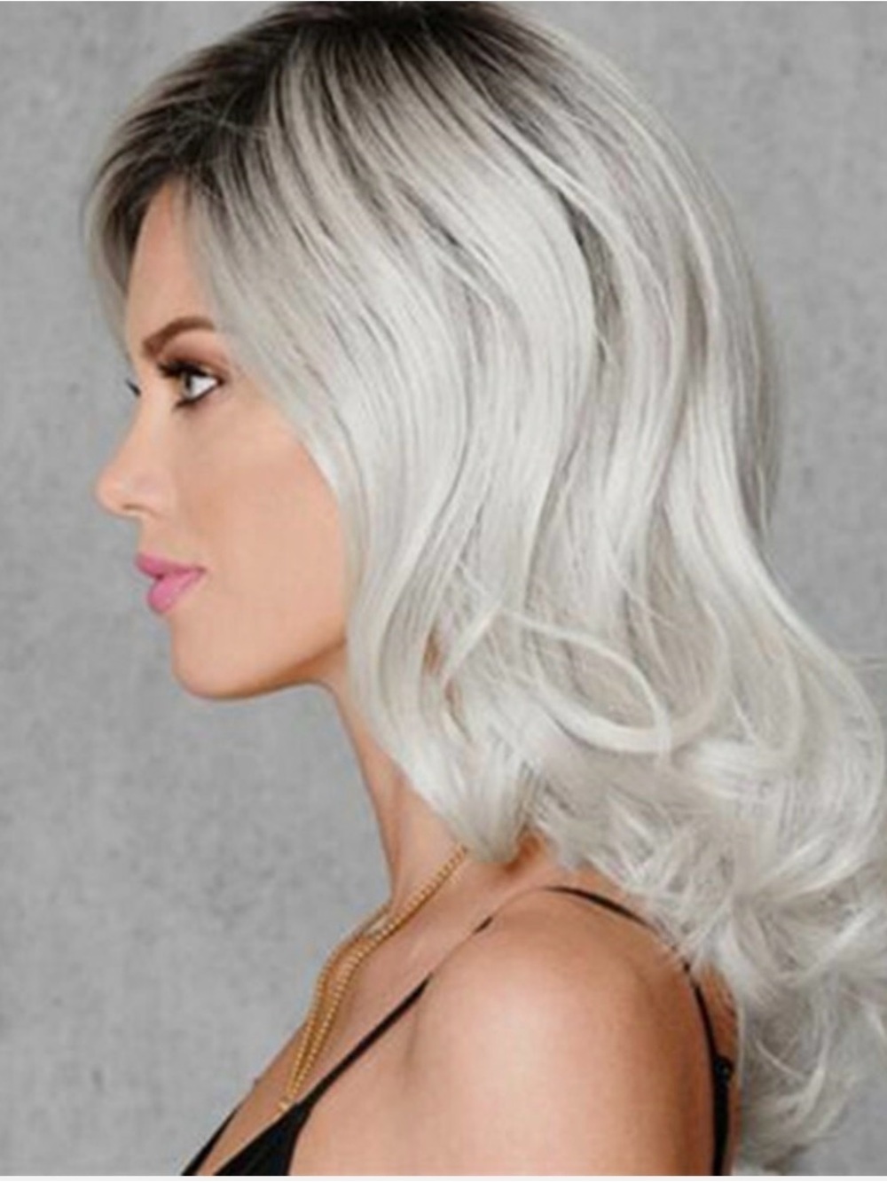 Ash Gray to Silver White Ombre Wavy Curly Blonde Wig Shoulder Length Women Hair